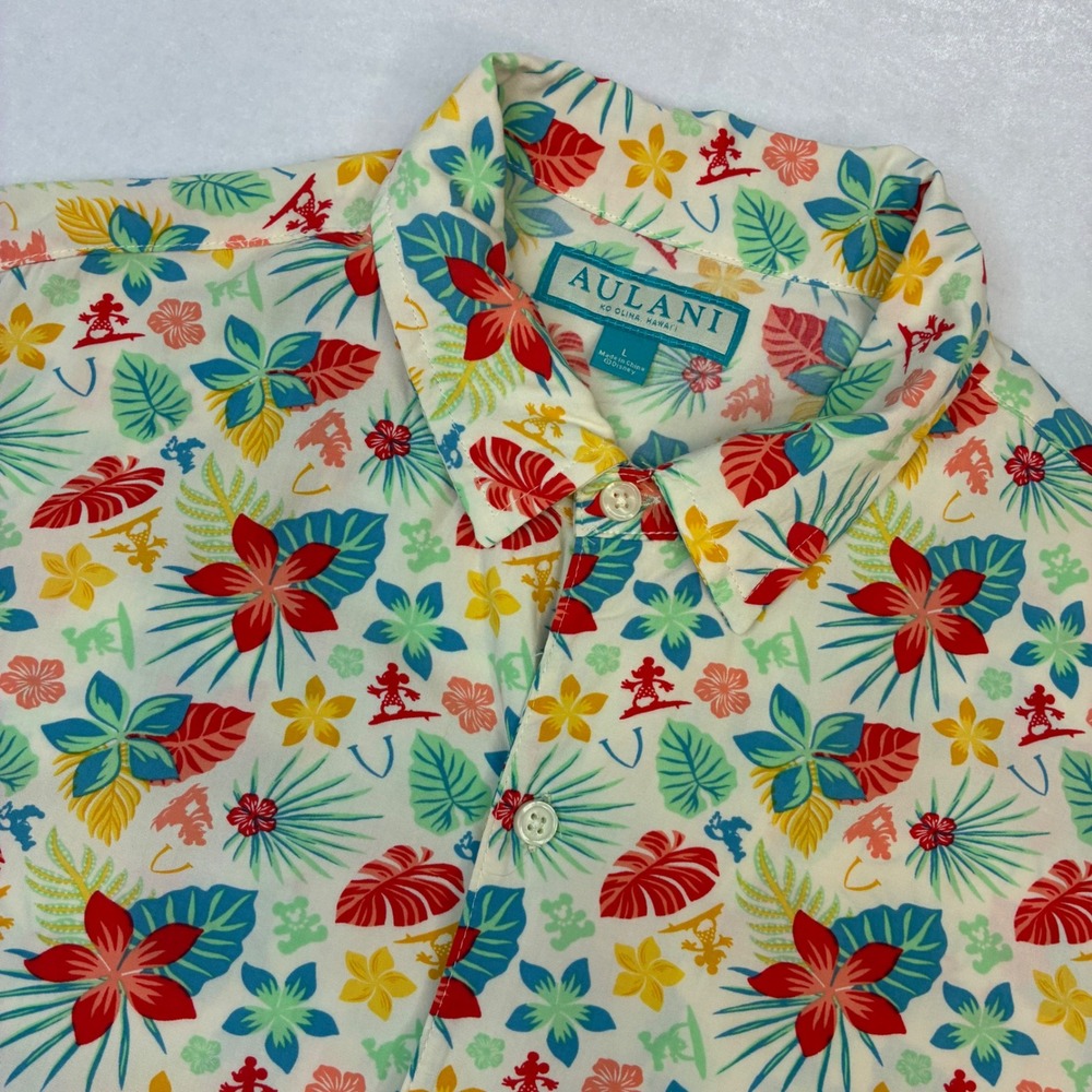Aulani Disney Resort Shirt Mens Large Cream Tropical Surfing Mickey Aloha Rayon